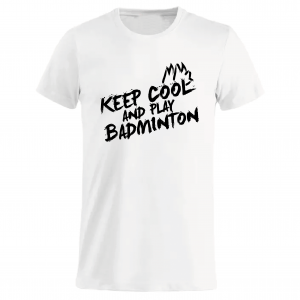 T-shirt med sort tryk “Keep cool and play badminton”